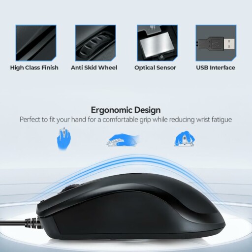 Ergonomic computer mouse with keystroke test details.