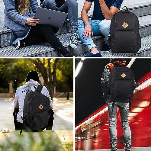 Backpack with water resistance, laptop compartment, internal and external pockets.