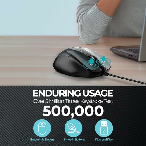 Ergonomic computer mouse with keystroke test details.